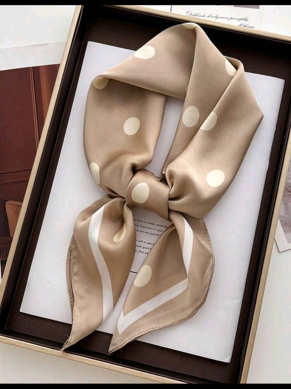 Beige Polka Dot Silk Scarf - Women Accessories 27.5"/27.5"